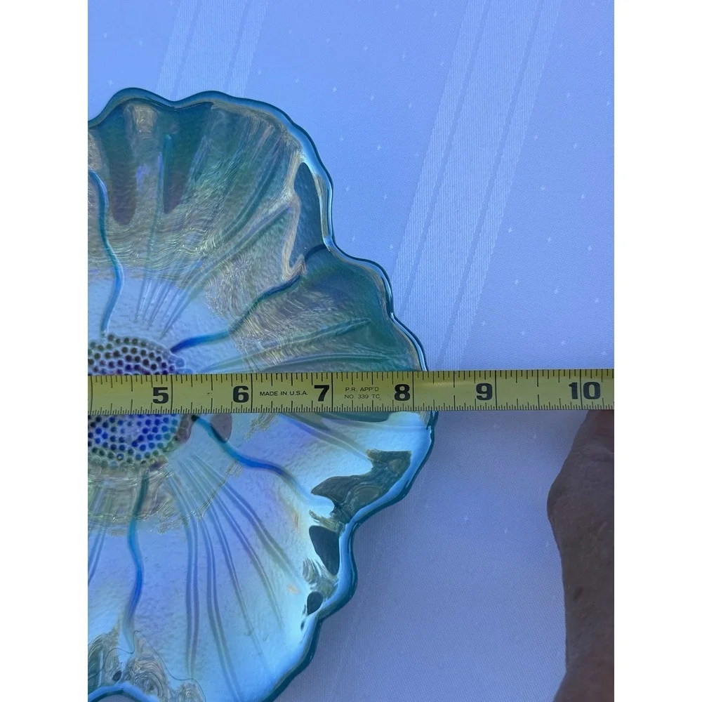 VTG Iridescent Art Glass Flower Bowl‎ | Teal Metallic Petal Dish | 8